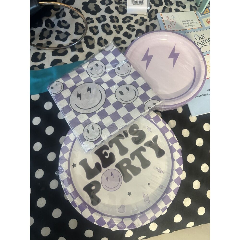 Purple Smile Face Party Decoration Set Serves 24 Plates Napkins
